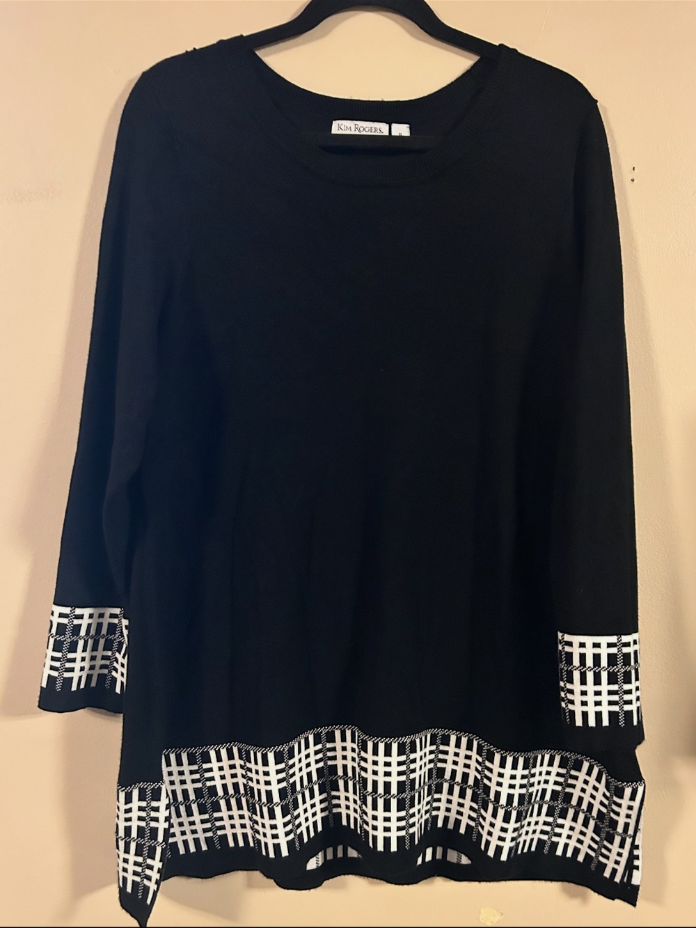 Kim Rogers Black & White Plaid Trim Tunic Top – 1X